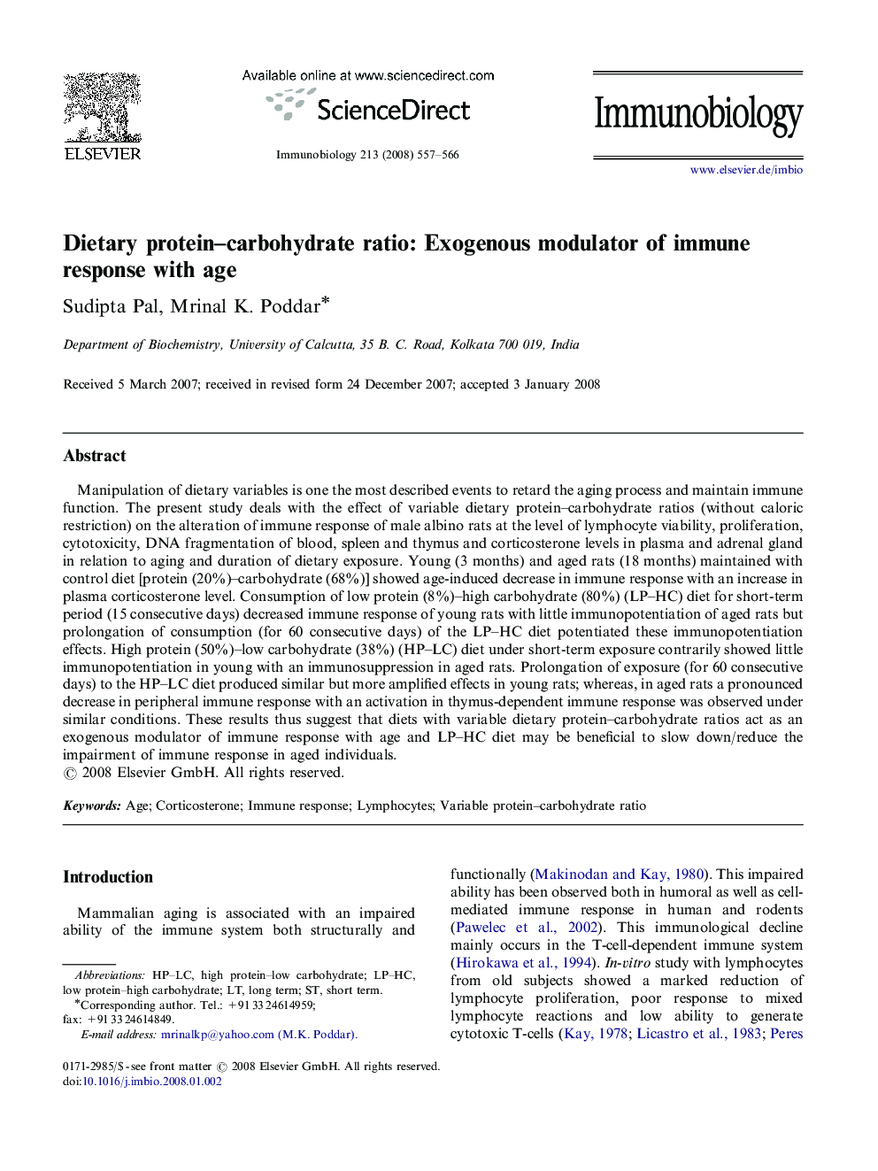 Dietary protein-carbohydrate ratio: Exogenous modulator of immune response with age