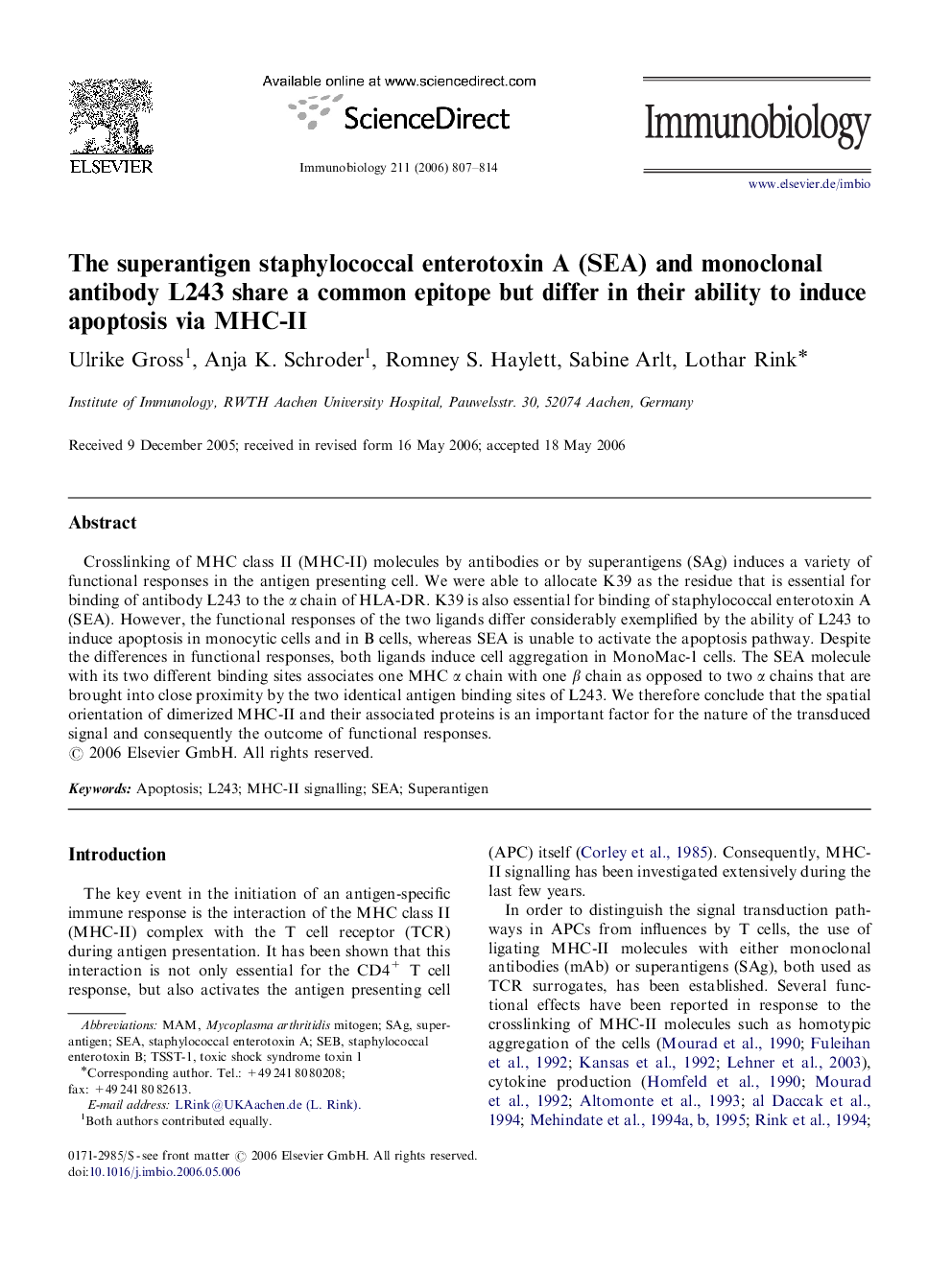 The superantigen staphylococcal enterotoxin A (SEA) and monoclonal antibody L243 share a common epitope but differ in their ability to induce apoptosis via MHC-II