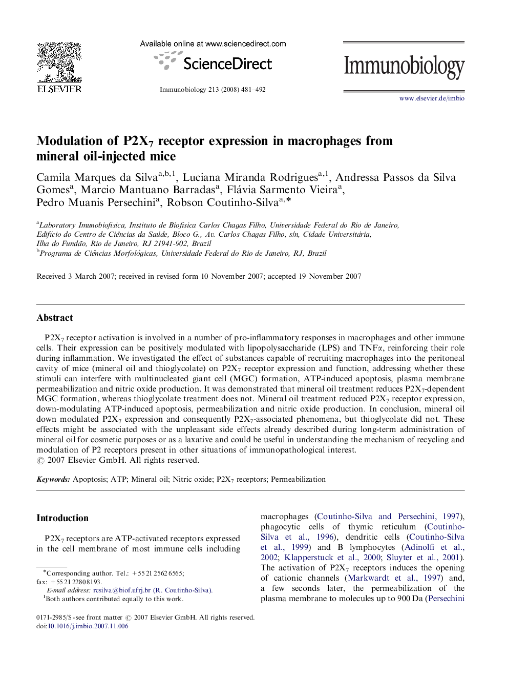 Modulation of P2X7 receptor expression in macrophages from mineral oil-injected mice