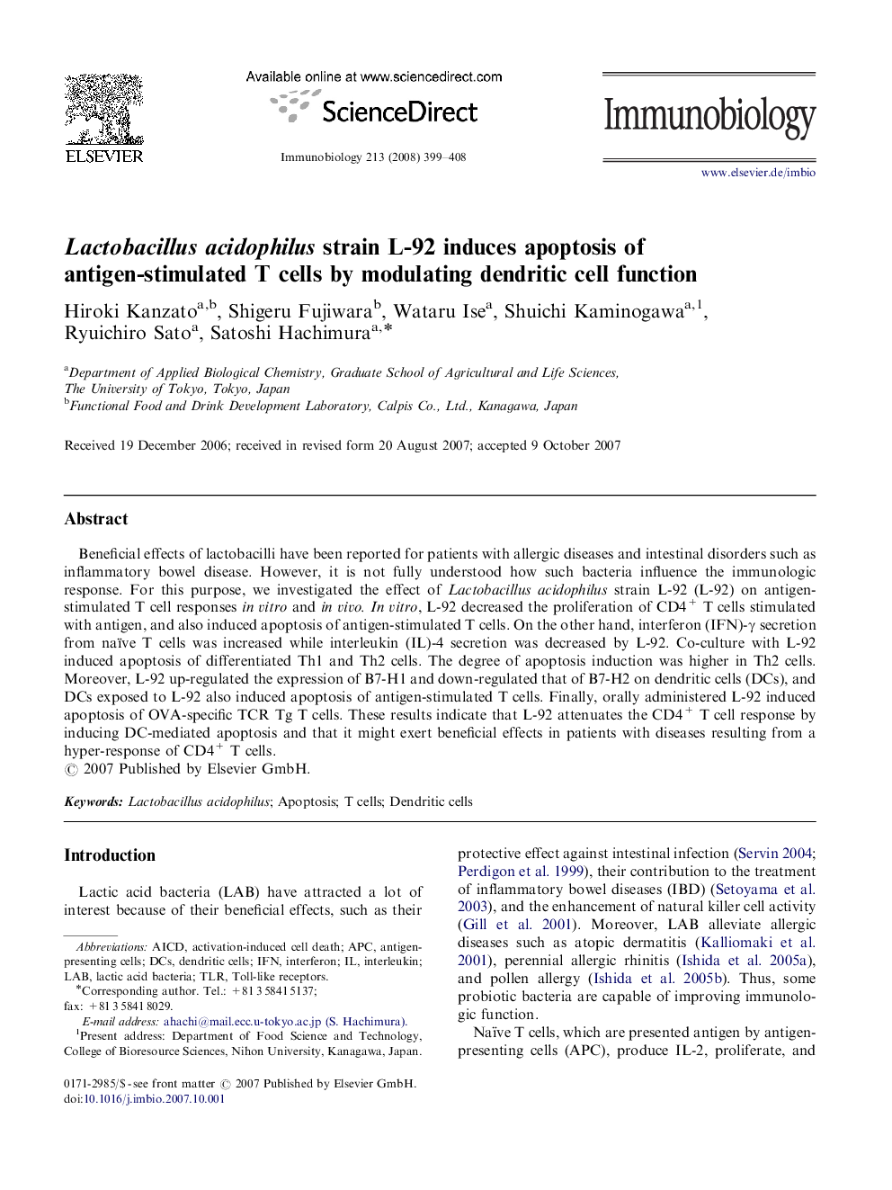 Lactobacillus acidophilus strain L-92 induces apoptosis of antigen-stimulated T cells by modulating dendritic cell function