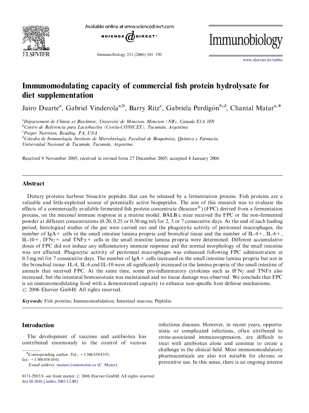 Immunomodulating capacity of commercial fish protein hydrolysate for diet supplementation