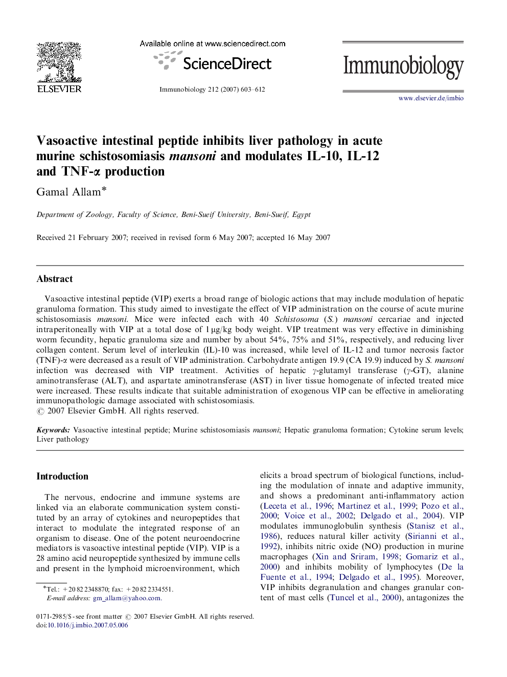 Vasoactive intestinal peptide inhibits liver pathology in acute murine schistosomiasis mansoni and modulates IL-10, IL-12 and TNF-α production