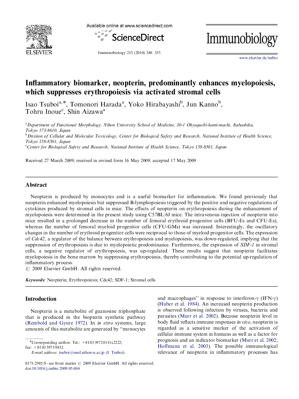 Inflammatory biomarker, neopterin, predominantly enhances myelopoiesis, which suppresses erythropoiesis via activated stromal cells