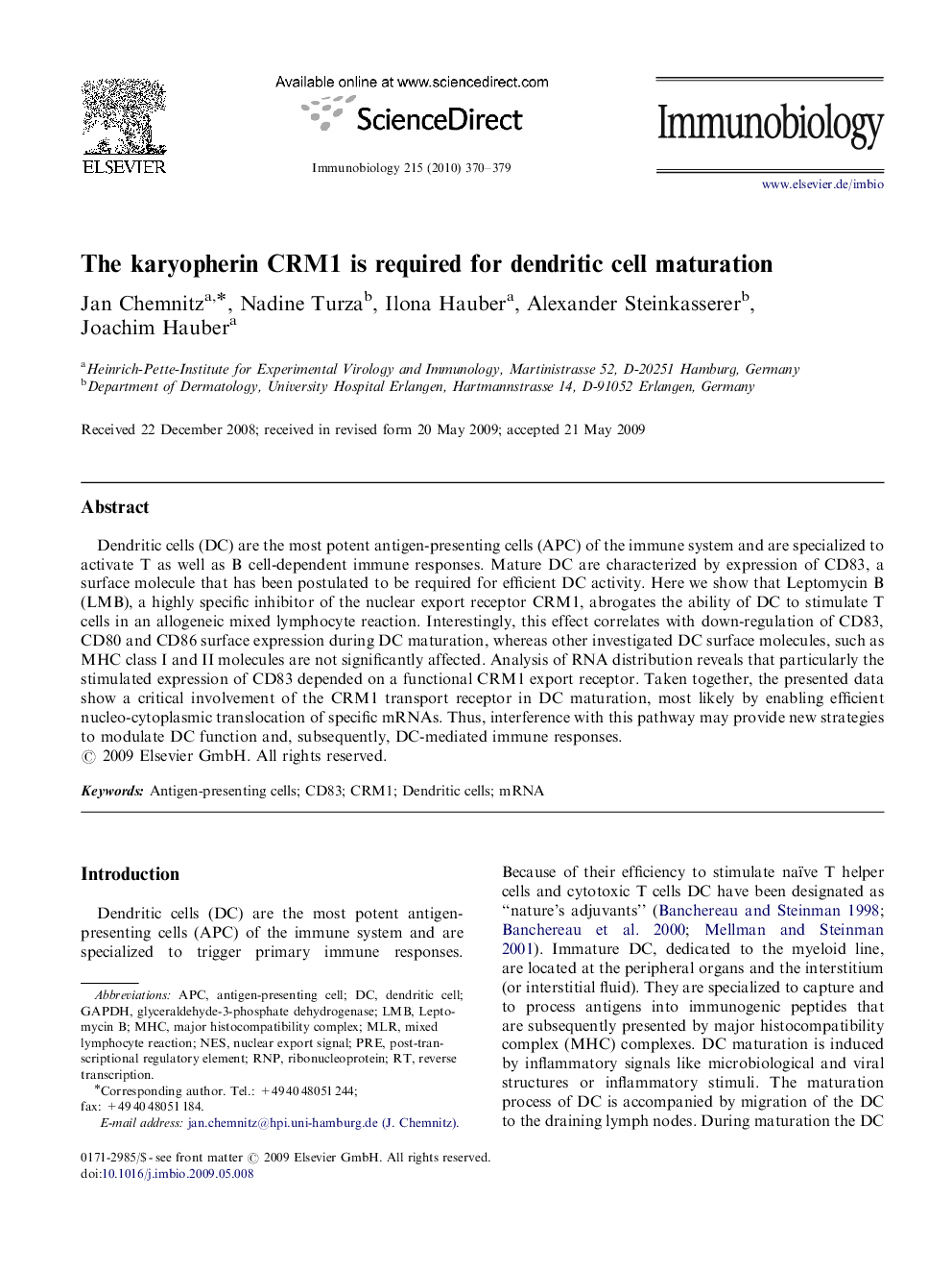 The karyopherin CRM1 is required for dendritic cell maturation