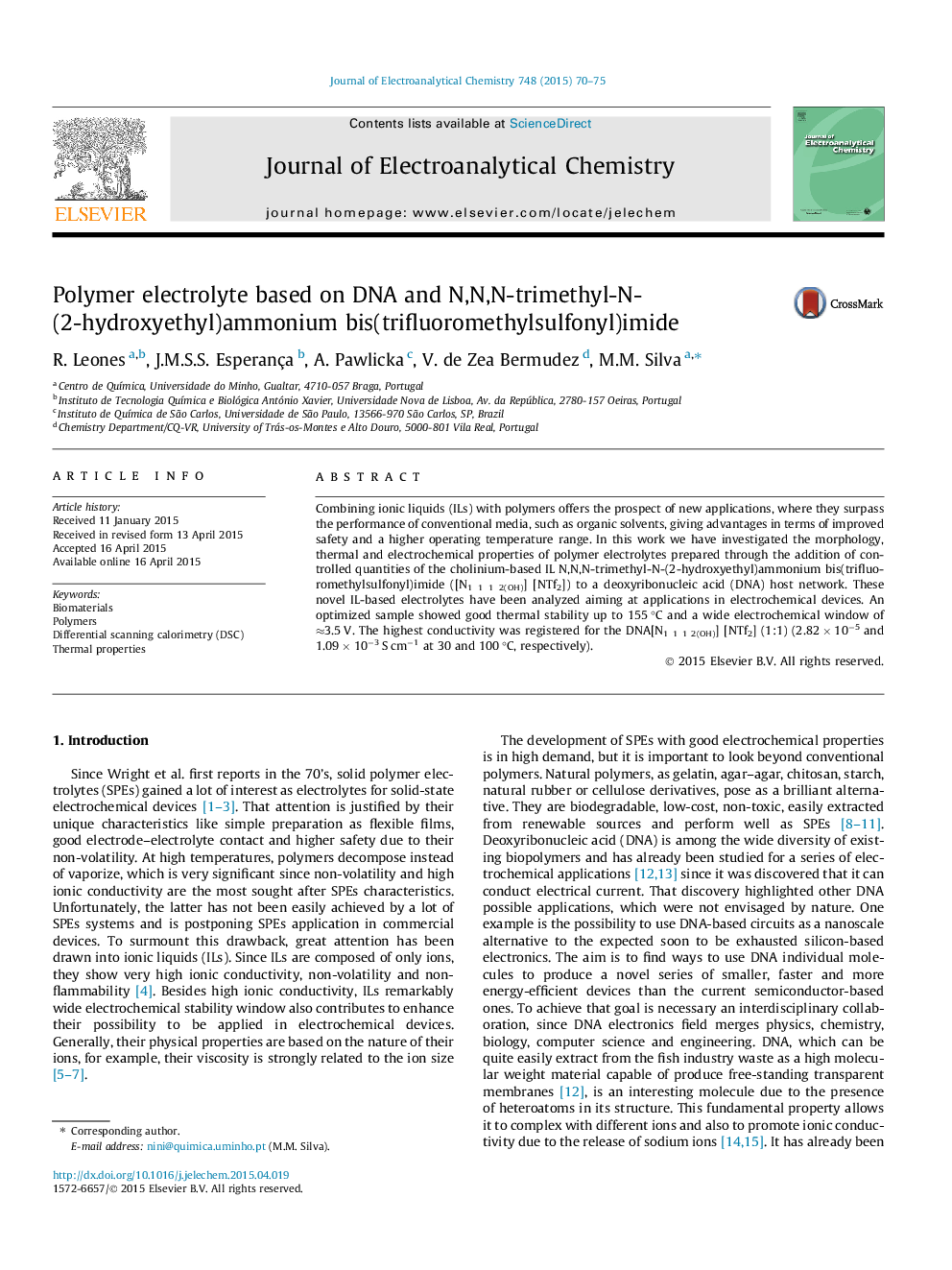 Polymer electrolyte based on DNA and N,N,N-trimethyl-N-(2-hydroxyethyl)ammonium bis(trifluoromethylsulfonyl)imide