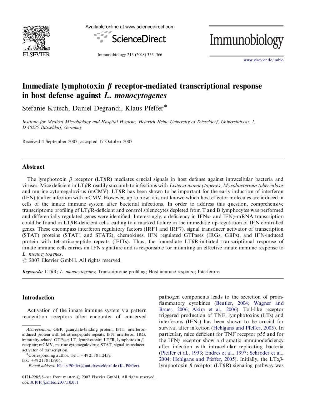 Immediate lymphotoxin β receptor-mediated transcriptional response in host defense against L. monocytogenes