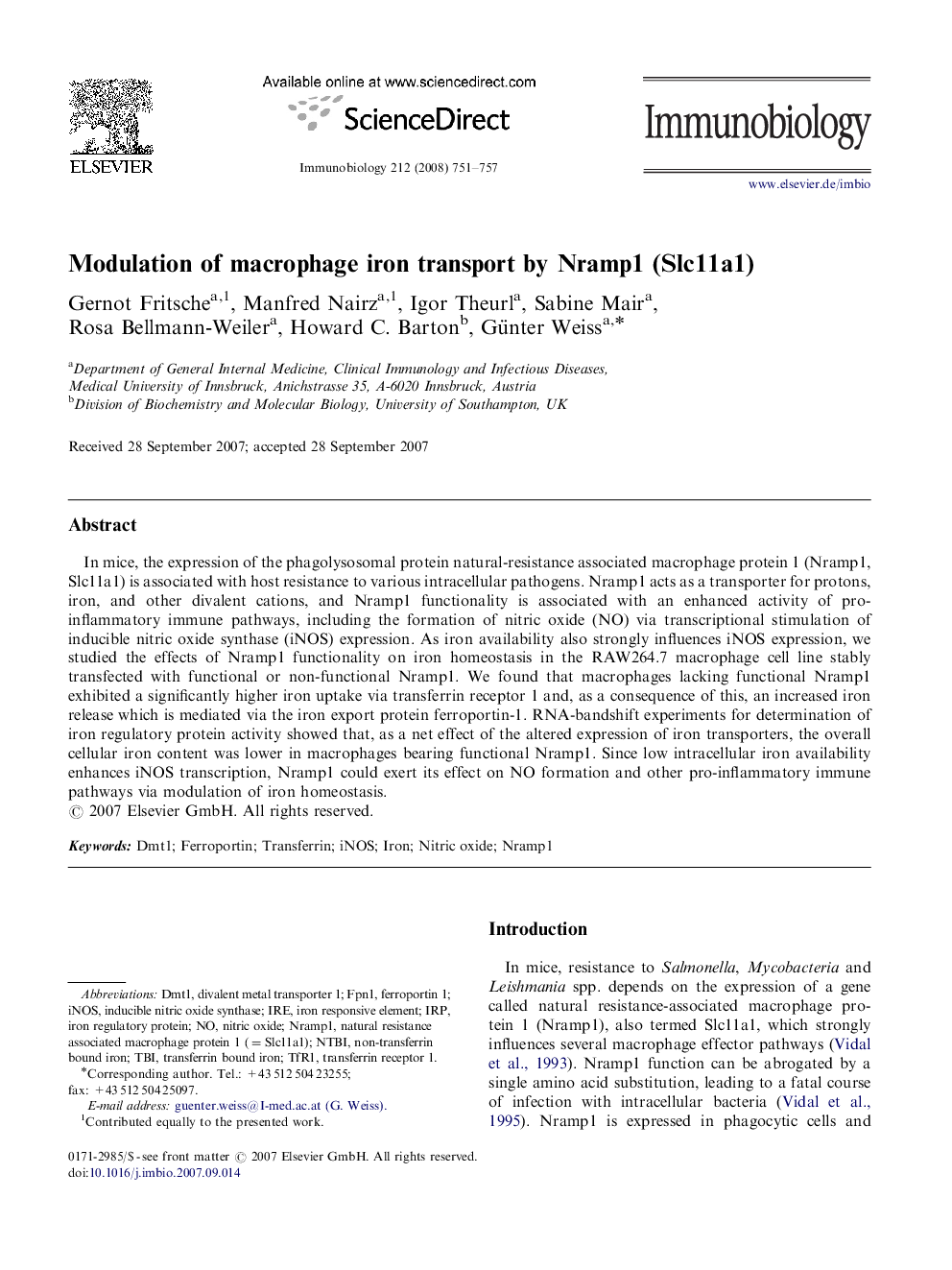 Modulation of macrophage iron transport by Nramp1 (Slc11a1)