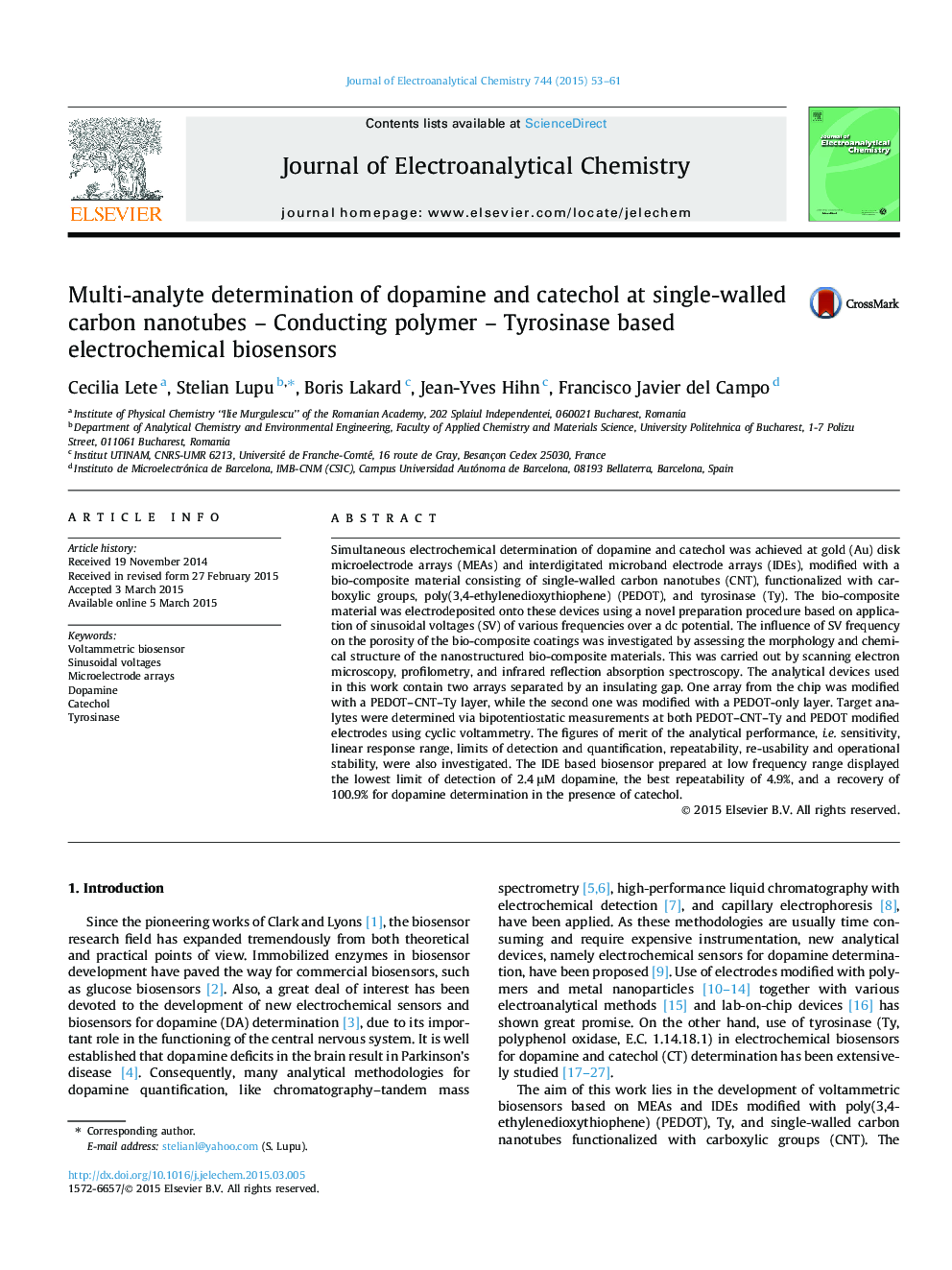 Multi-analyte determination of dopamine and catechol at single-walled carbon nanotubes – Conducting polymer – Tyrosinase based electrochemical biosensors