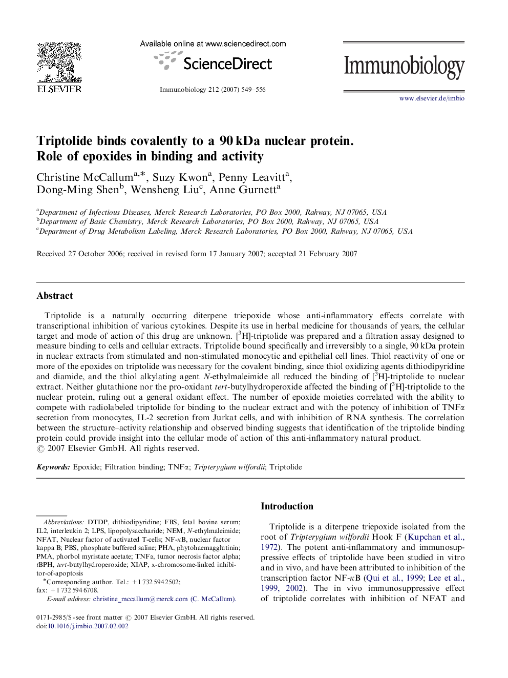 Triptolide binds covalently to a 90 kDa nuclear protein. Role of epoxides in binding and activity