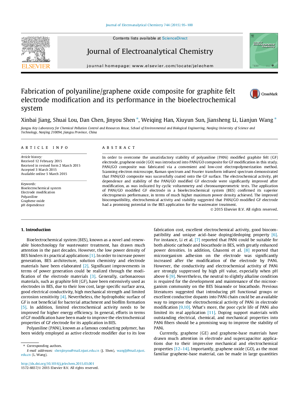 Fabrication of polyaniline/graphene oxide composite for graphite felt electrode modification and its performance in the bioelectrochemical system