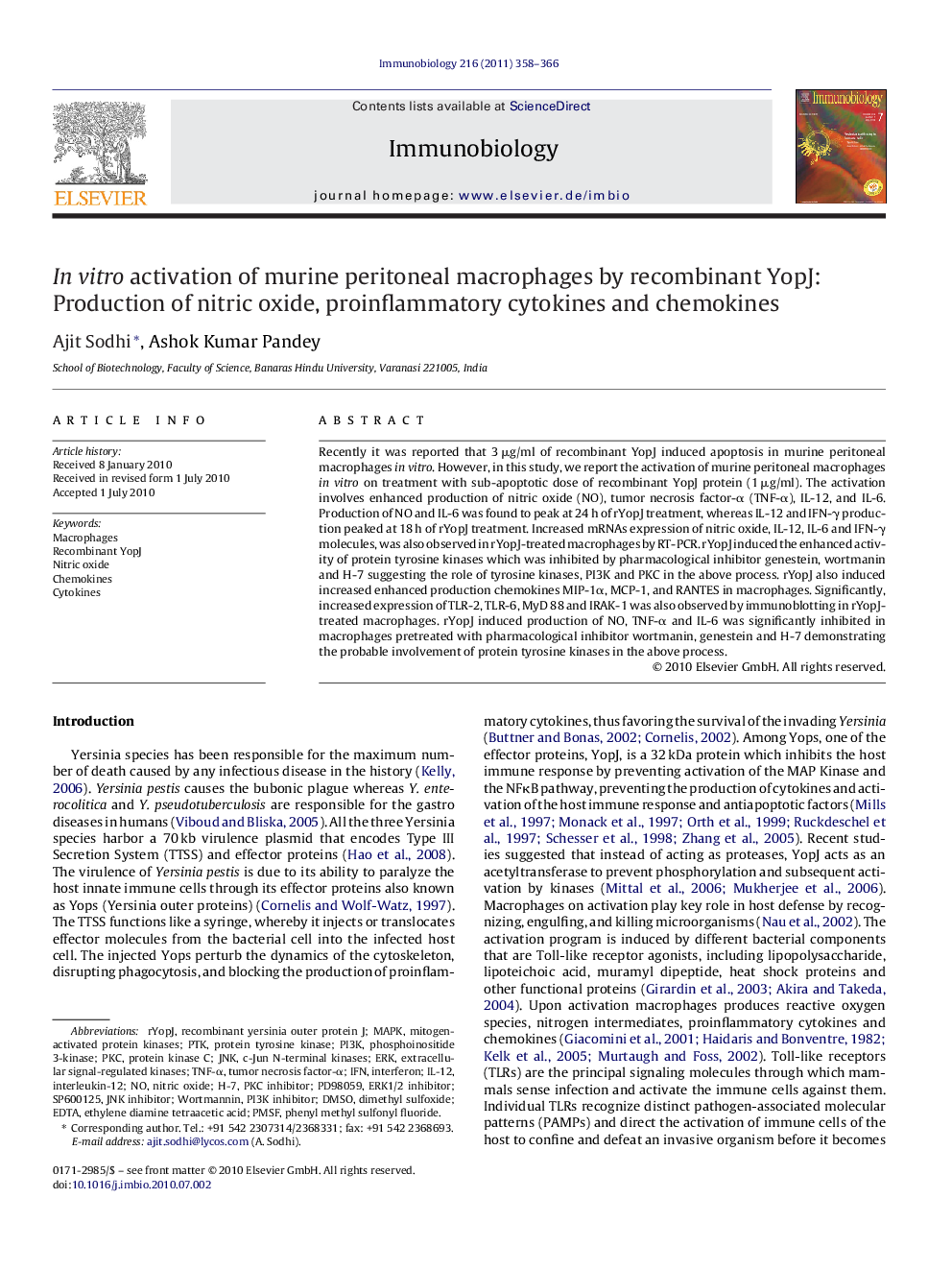 In vitro activation of murine peritoneal macrophages by recombinant YopJ: Production of nitric oxide, proinflammatory cytokines and chemokines