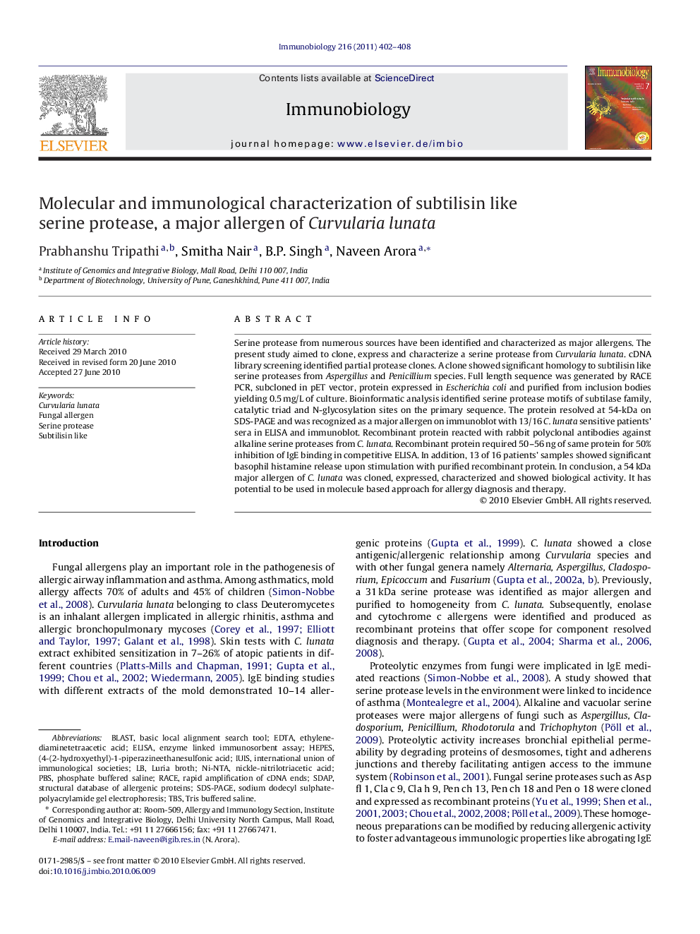 Molecular and immunological characterization of subtilisin like serine protease, a major allergen of Curvularia lunata