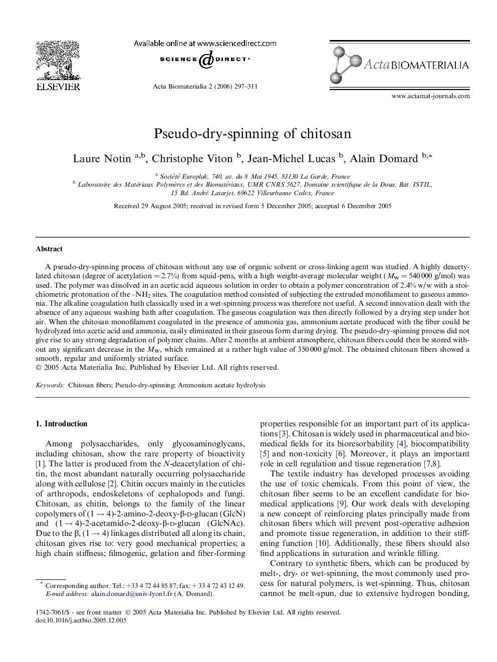 Pseudo-dry-spinning of chitosan