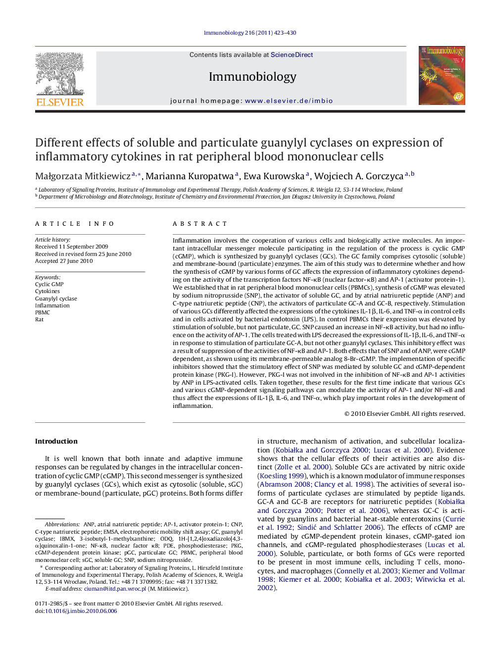 Different effects of soluble and particulate guanylyl cyclases on expression of inflammatory cytokines in rat peripheral blood mononuclear cells