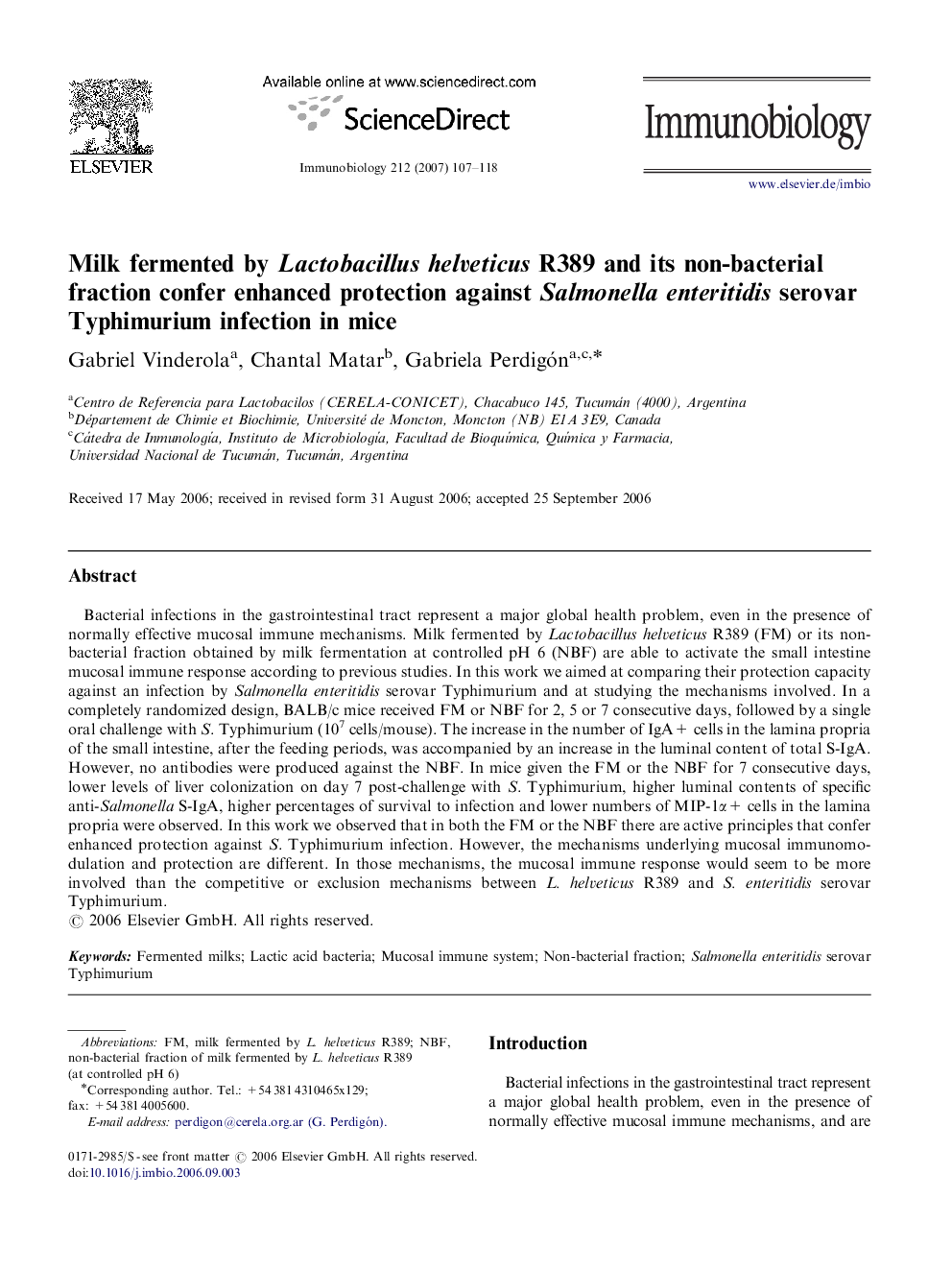 Milk fermented by Lactobacillus helveticus R389 and its non-bacterial fraction confer enhanced protection against Salmonella enteritidis serovar Typhimurium infection in mice