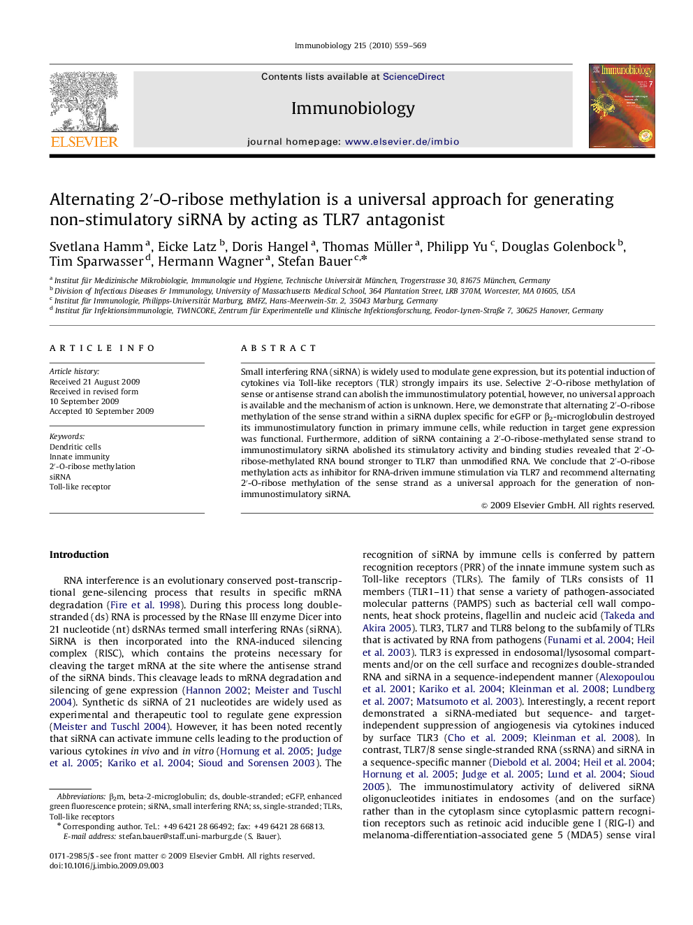 Alternating 2′-O-ribose methylation is a universal approach for generating non-stimulatory siRNA by acting as TLR7 antagonist