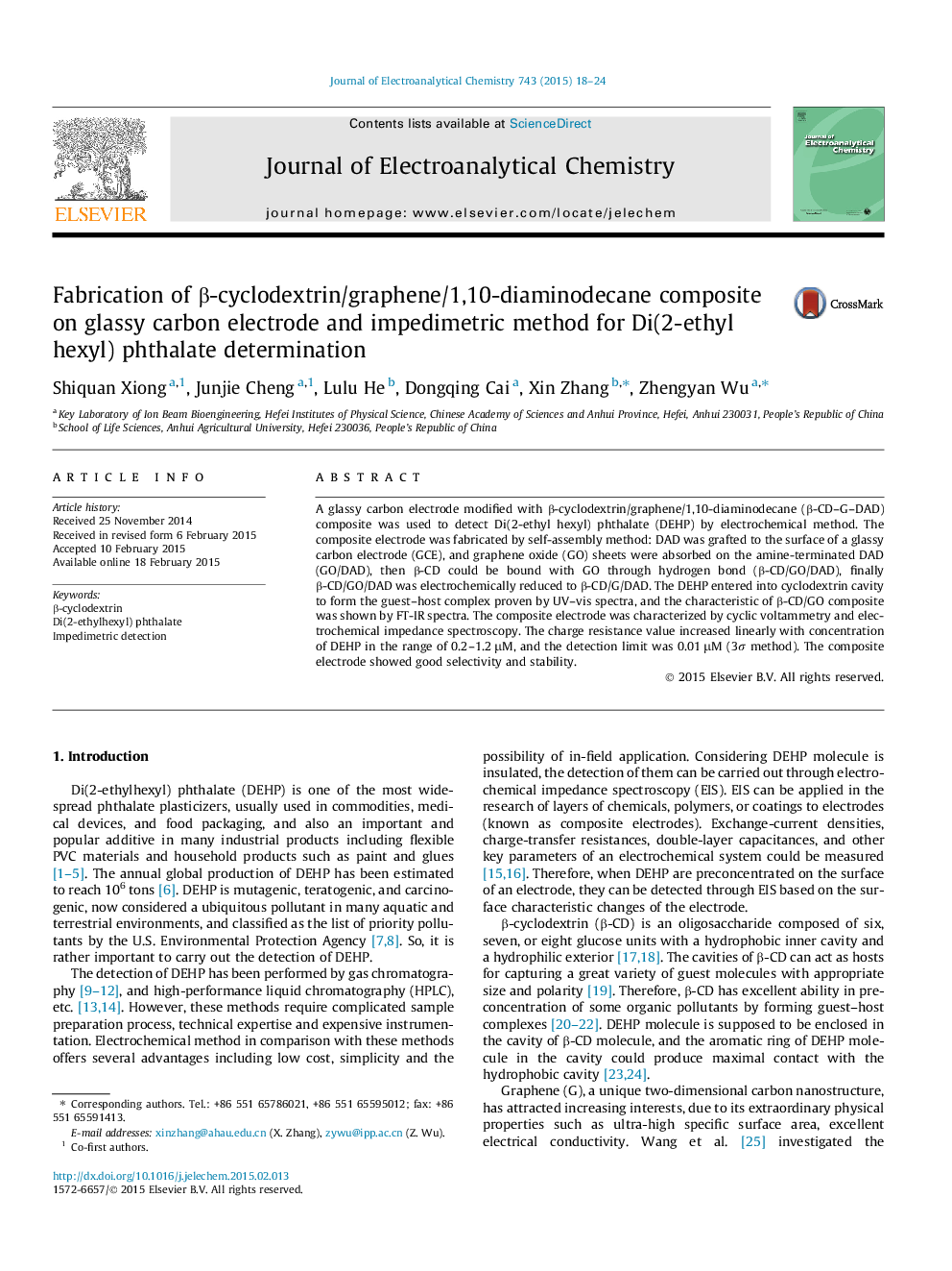 Fabrication of β-cyclodextrin/graphene/1,10-diaminodecane composite on glassy carbon electrode and impedimetric method for Di(2-ethyl hexyl) phthalate determination