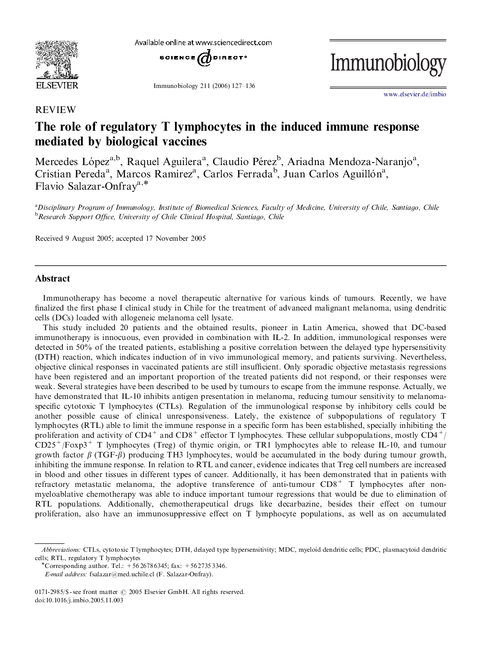 The role of regulatory T lymphocytes in the induced immune response mediated by biological vaccines