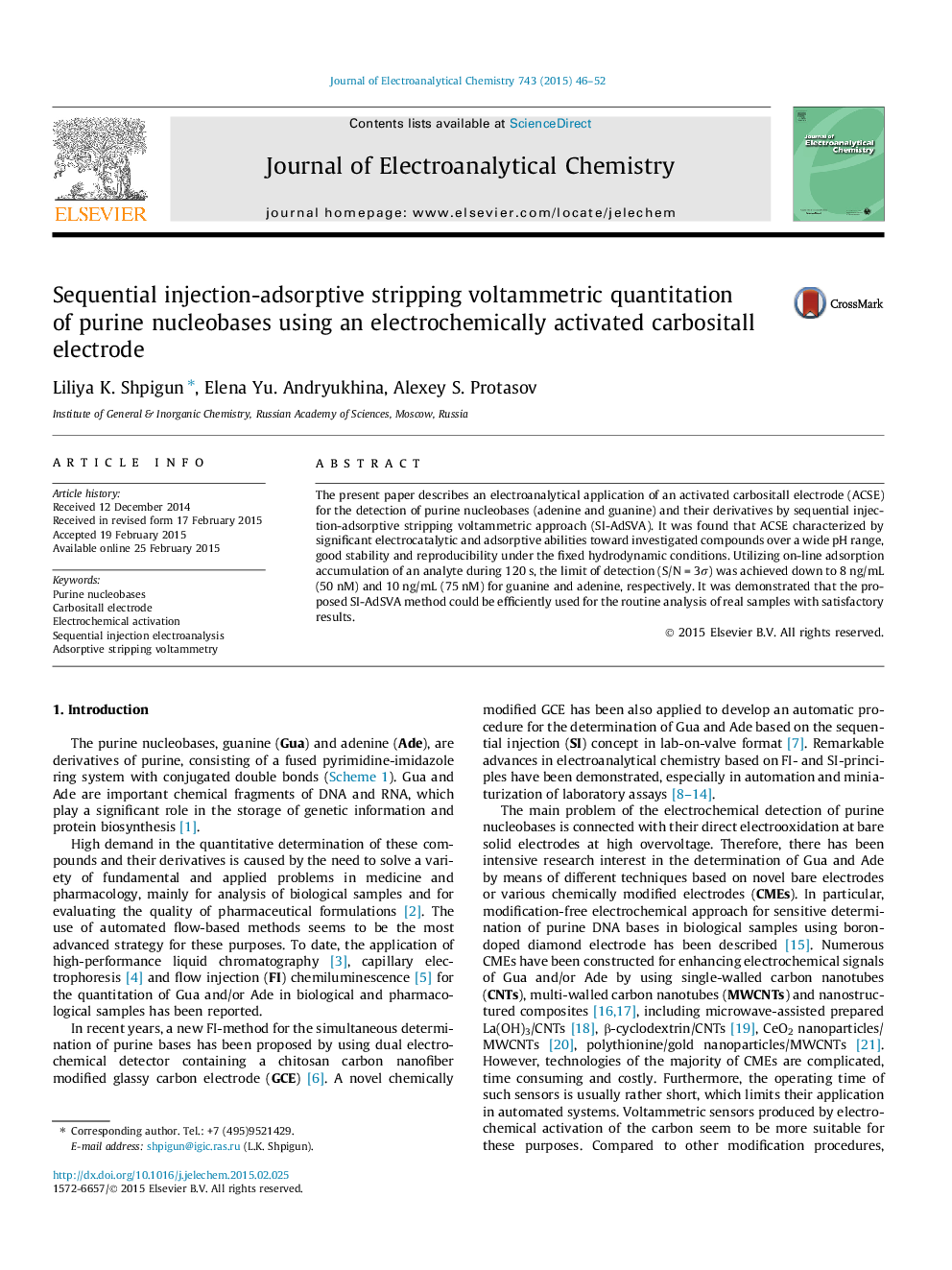 Sequential injection-adsorptive stripping voltammetric quantitation of purine nucleobases using an electrochemically activated carbositall electrode