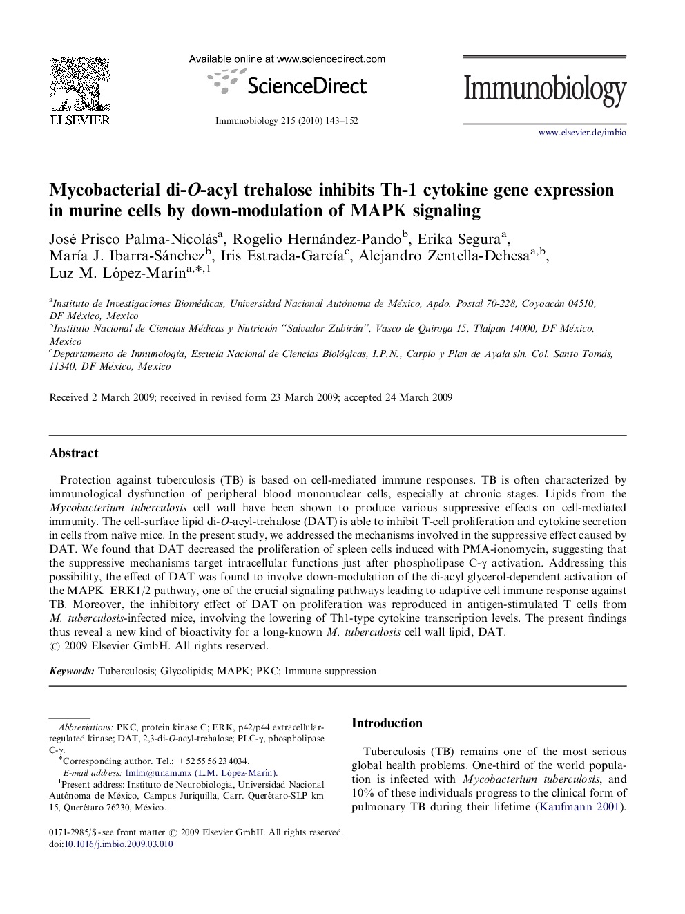 Mycobacterial di-O-acyl trehalose inhibits Th-1 cytokine gene expression in murine cells by down-modulation of MAPK signaling