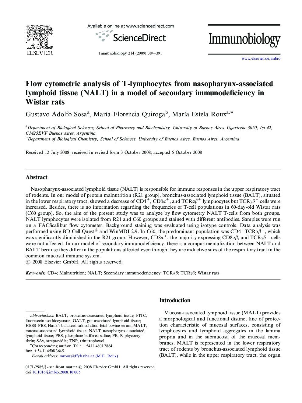 Flow cytometric analysis of T-lymphocytes from nasopharynx-associated lymphoid tissue (NALT) in a model of secondary immunodeficiency in Wistar rats