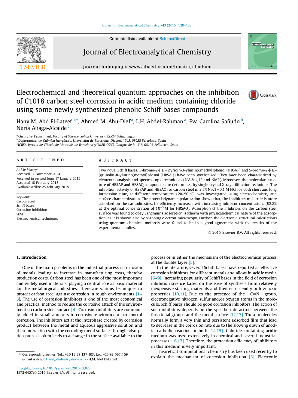 Electrochemical and theoretical quantum approaches on the inhibition of C1018 carbon steel corrosion in acidic medium containing chloride using some newly synthesized phenolic Schiff bases compounds