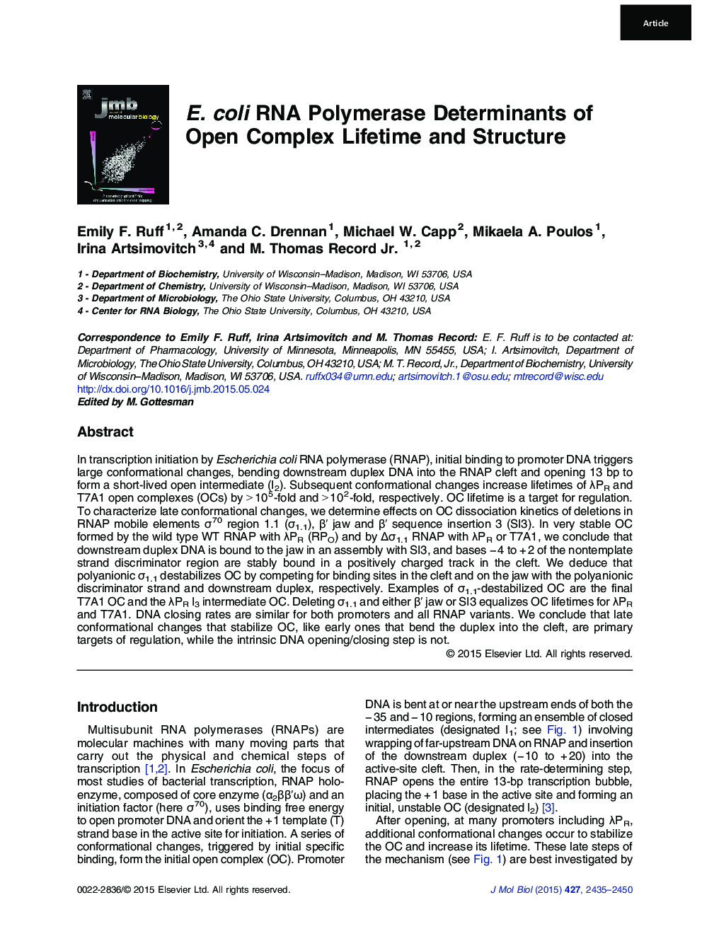 E. coli RNA Polymerase Determinants of Open Complex Lifetime and Structure