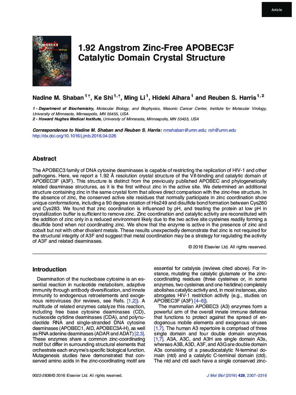 1.92 Angstrom Zinc-Free APOBEC3F Catalytic Domain Crystal Structure
