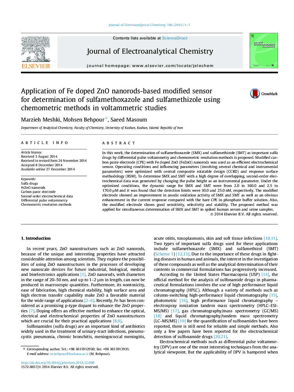 Application of Fe doped ZnO nanorods-based modified sensor for determination of sulfamethoxazole and sulfamethizole using chemometric methods in voltammetric studies