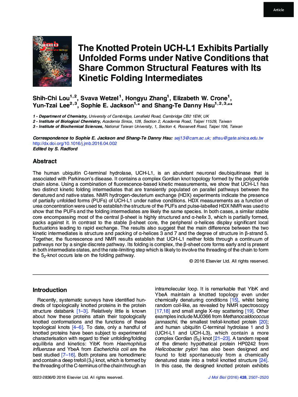 The Knotted Protein UCH-L1 Exhibits Partially Unfolded Forms under Native Conditions that Share Common Structural Features with Its Kinetic Folding Intermediates