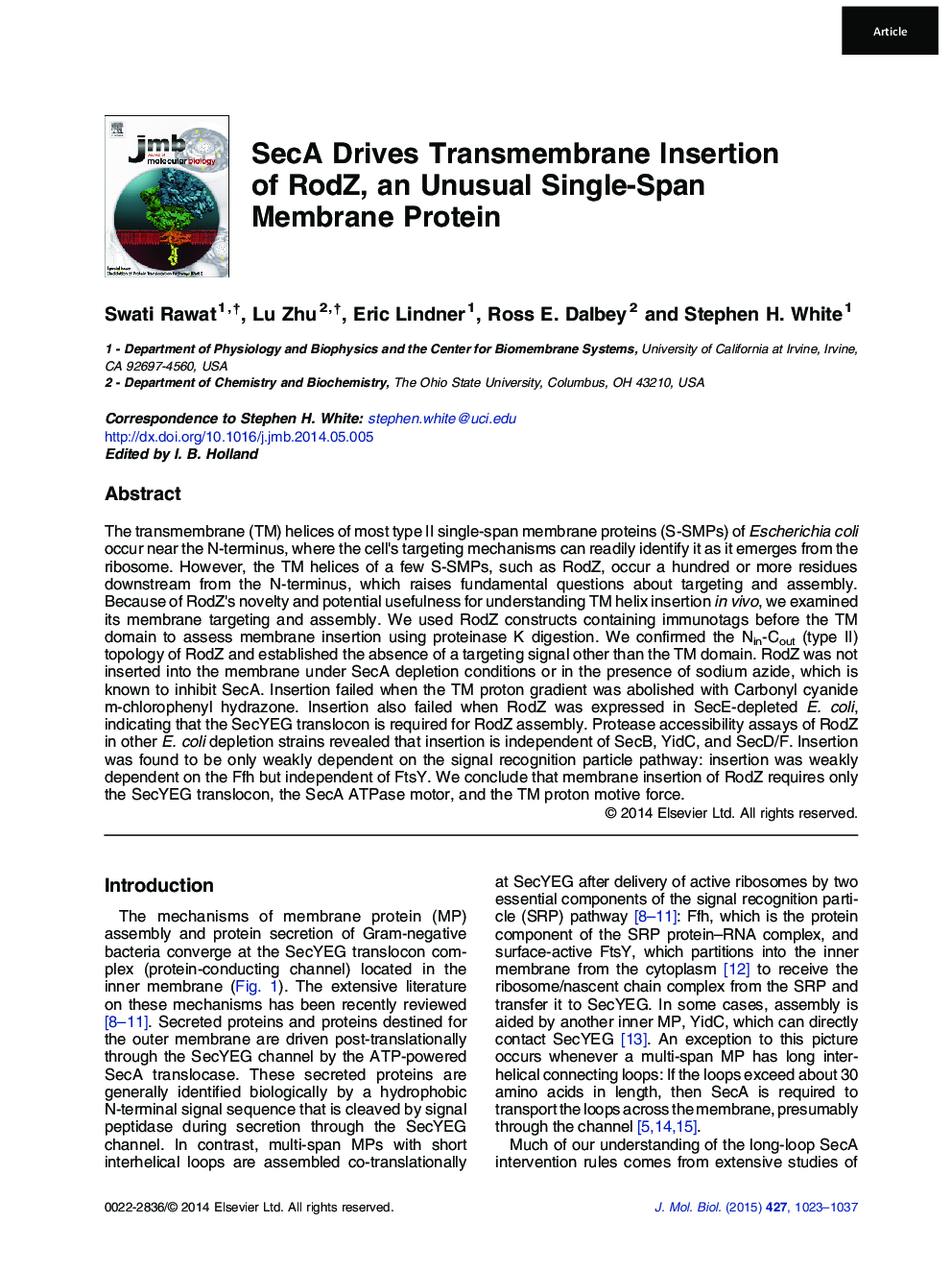 SecA Drives Transmembrane Insertion of RodZ, an Unusual Single-Span Membrane Protein