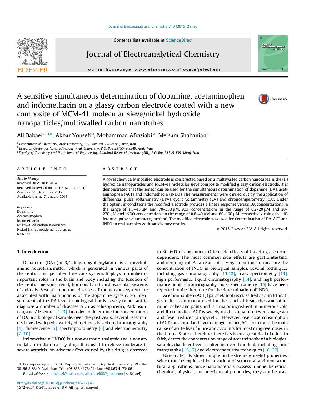 A sensitive simultaneous determination of dopamine, acetaminophen and indomethacin on a glassy carbon electrode coated with a new composite of MCM-41 molecular sieve/nickel hydroxide nanoparticles/multiwalled carbon nanotubes