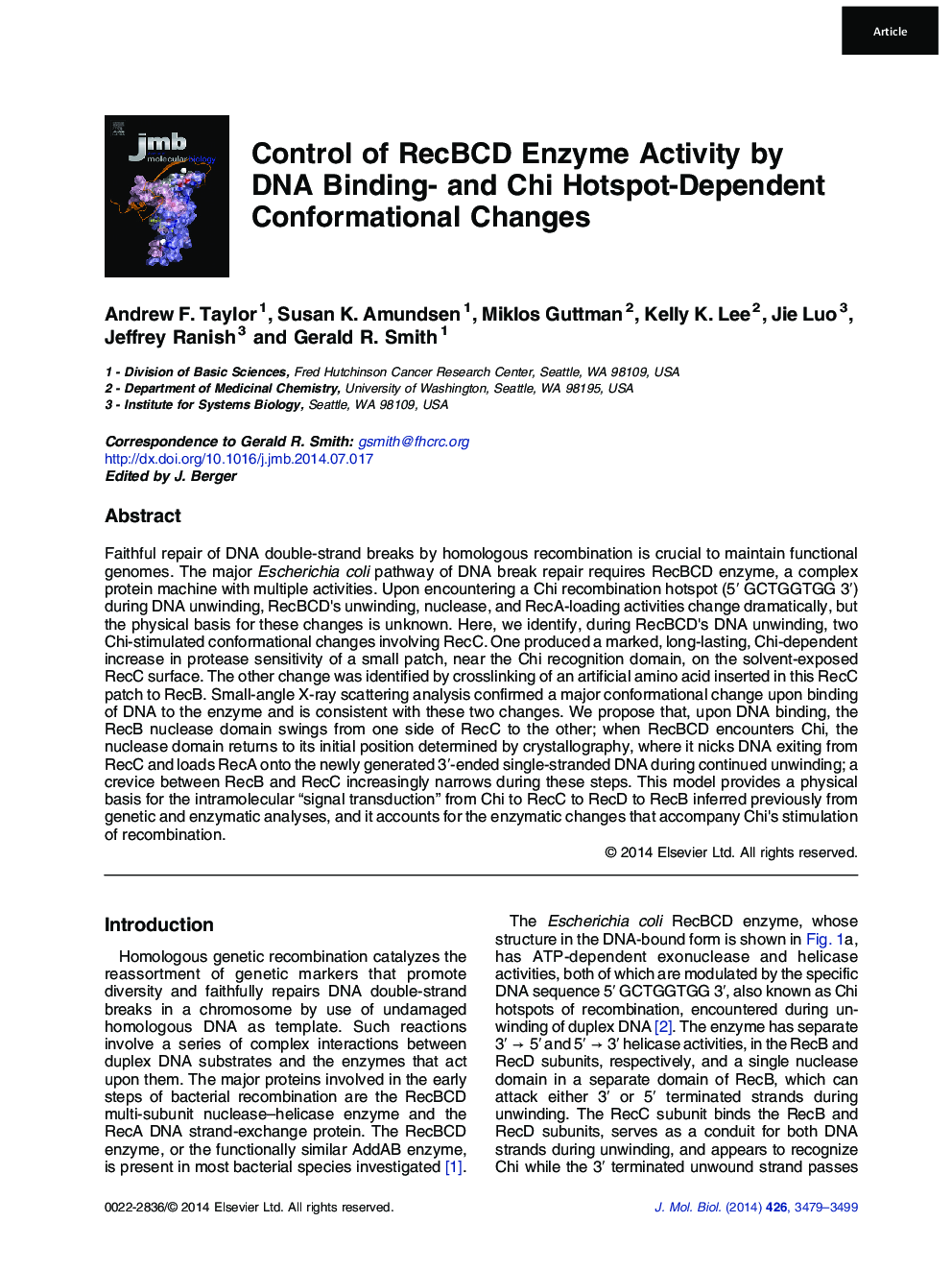 Control of RecBCD Enzyme Activity by DNA Binding- and Chi Hotspot-Dependent Conformational Changes