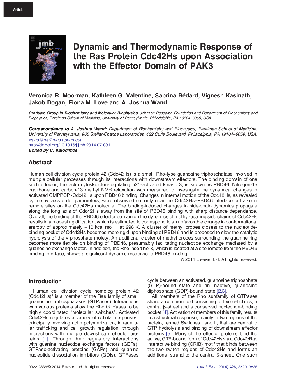 Dynamic and Thermodynamic Response of the Ras Protein Cdc42Hs upon Association with the Effector Domain of PAK3