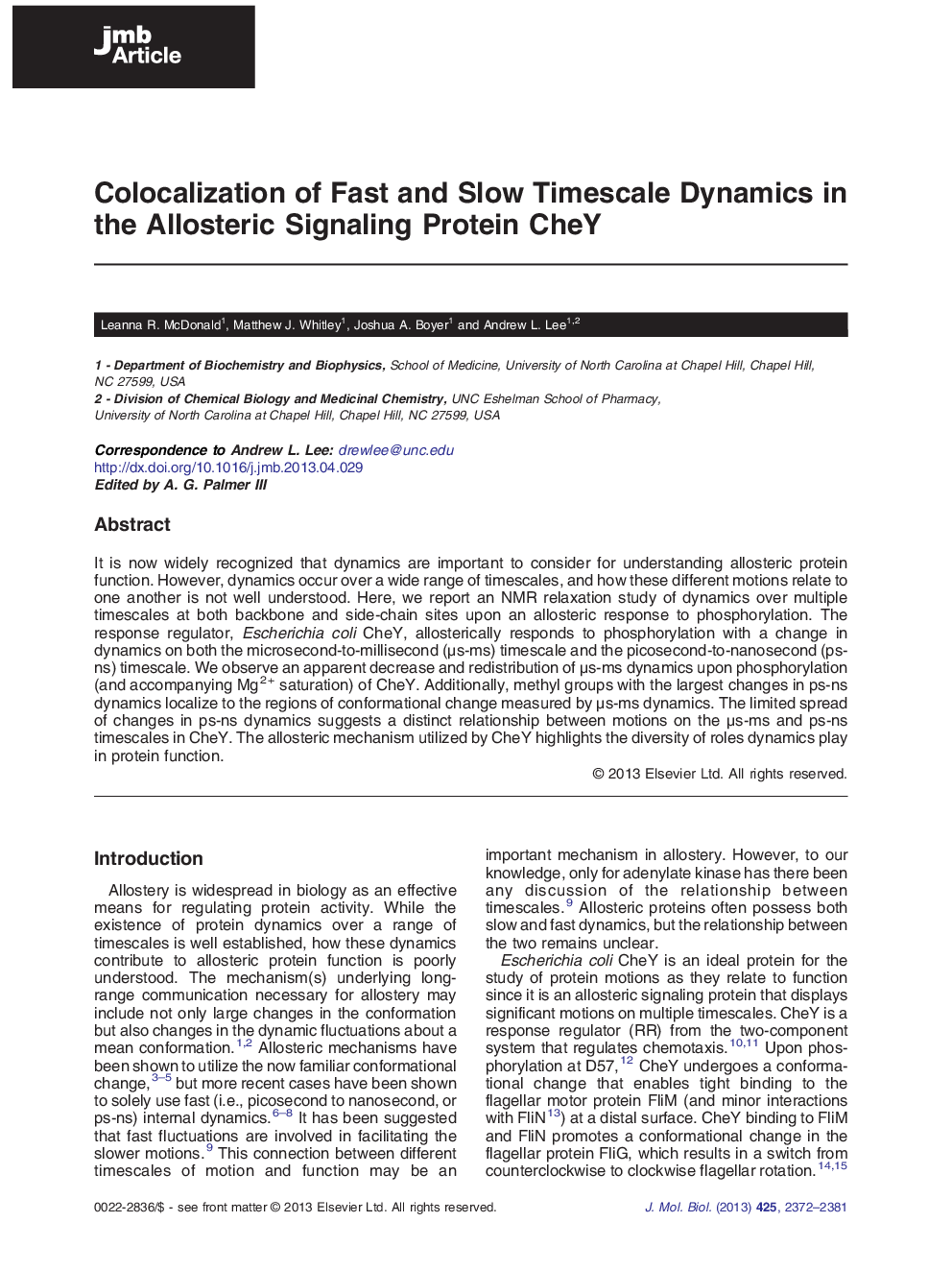 Colocalization of Fast and Slow Timescale Dynamics in the Allosteric Signaling Protein CheY