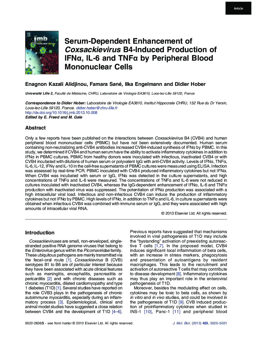 Serum-Dependent Enhancement of Coxsackievirus B4-Induced Production of IFNα, IL-6 and TNFα by Peripheral Blood Mononuclear Cells