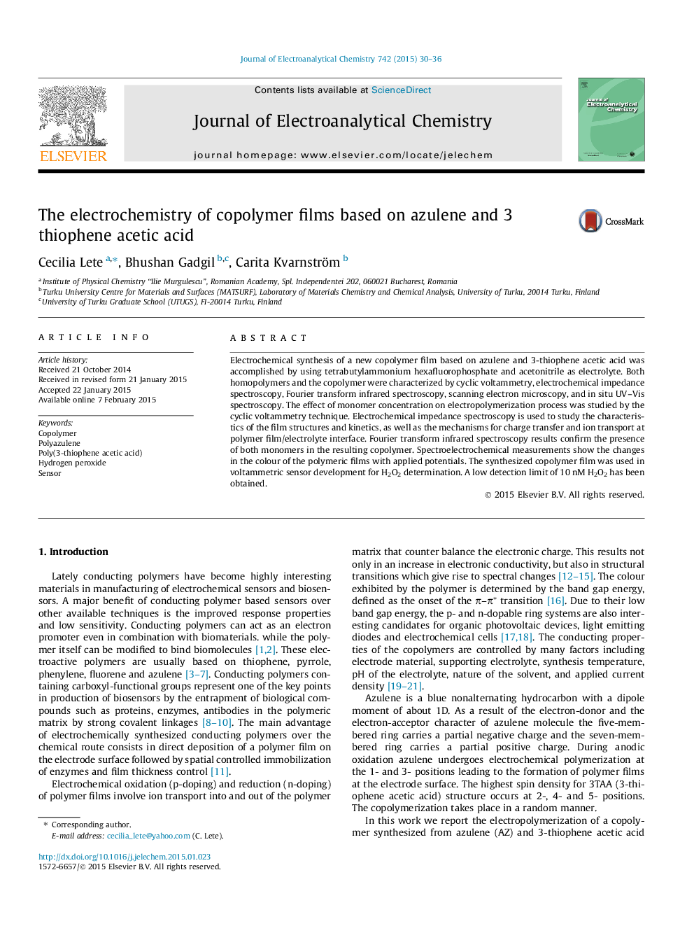 The electrochemistry of copolymer films based on azulene and 3 thiophene acetic acid