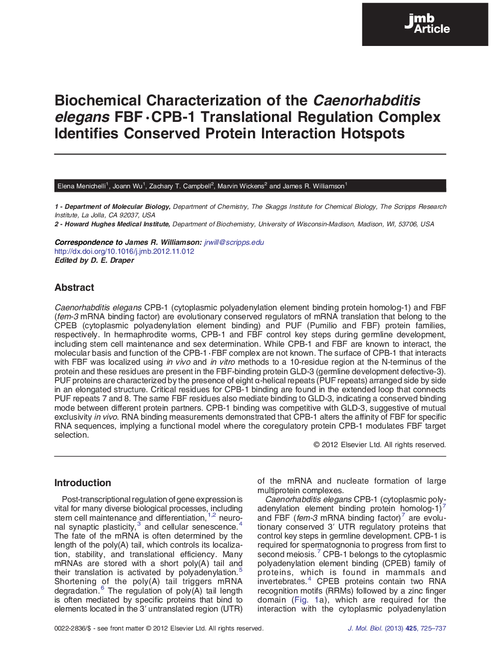Biochemical Characterization of the Caenorhabditis elegans FBF ⋅ CPB-1 Translational Regulation Complex Identifies Conserved Protein Interaction Hotspots