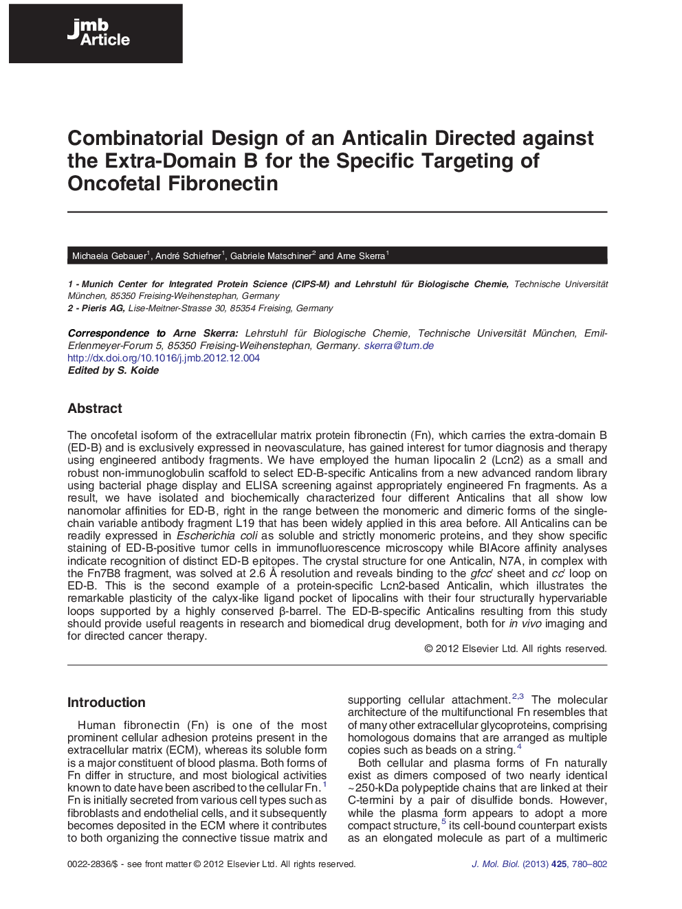 Combinatorial Design of an Anticalin Directed against the Extra-Domain B for the Specific Targeting of Oncofetal Fibronectin