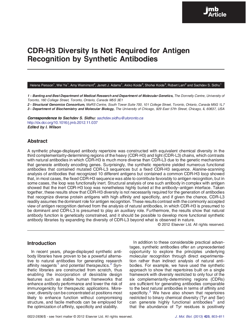 CDR-H3 Diversity Is Not Required for Antigen Recognition by Synthetic Antibodies