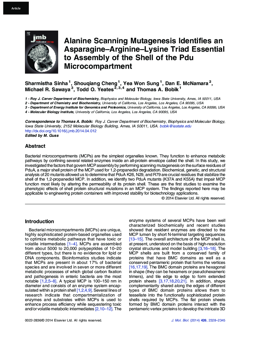 Alanine Scanning Mutagenesis Identifies an Asparagine–Arginine–Lysine Triad Essential to Assembly of the Shell of the Pdu Microcompartment