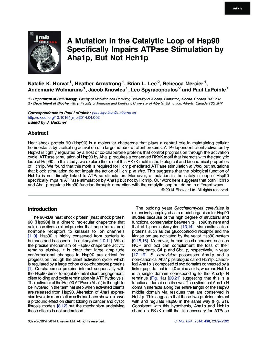 A Mutation in the Catalytic Loop of Hsp90 Specifically Impairs ATPase Stimulation by Aha1p, But Not Hch1p