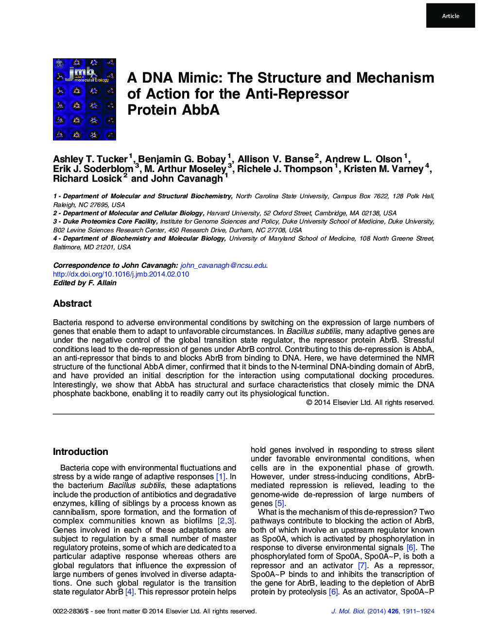 A DNA Mimic: The Structure and Mechanism of Action for the Anti-Repressor Protein AbbA