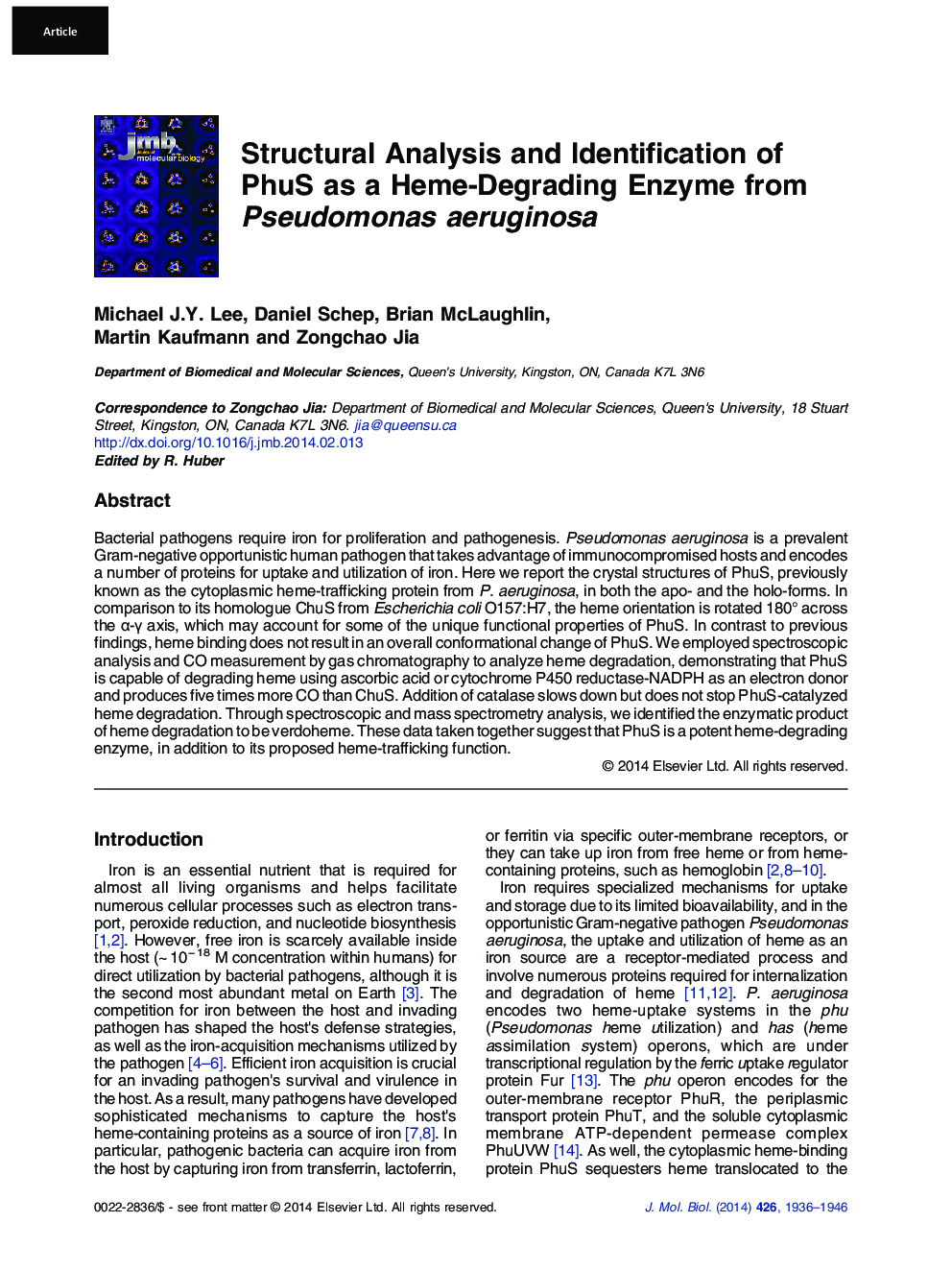 Structural Analysis and Identification of PhuS as a Heme-Degrading Enzyme from Pseudomonas aeruginosa