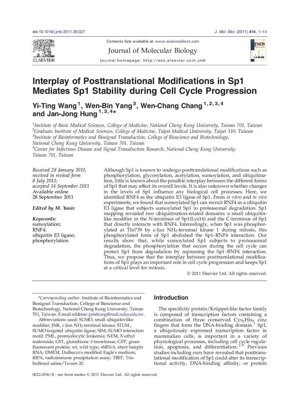 Interplay of Posttranslational Modifications in Sp1 Mediates Sp1 Stability during Cell Cycle Progression