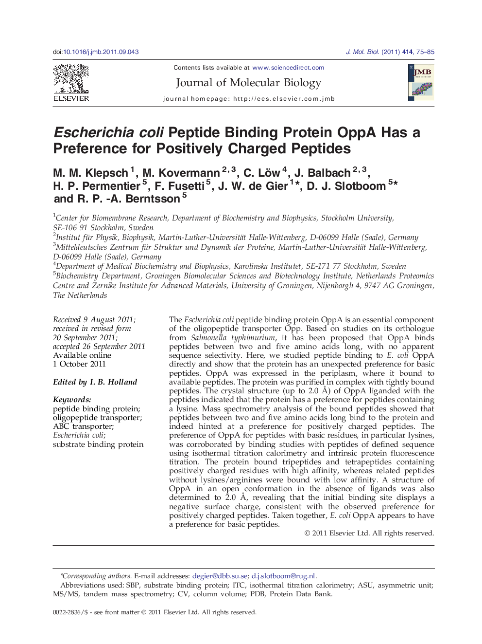 Escherichia coli Peptide Binding Protein OppA Has a Preference for Positively Charged Peptides