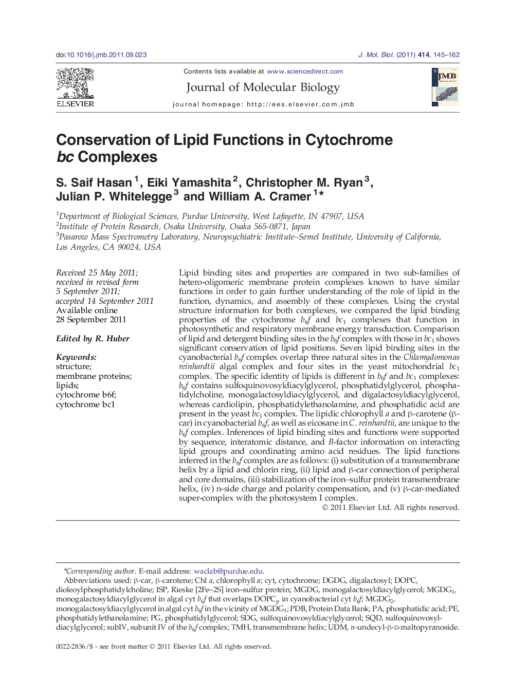 Conservation of Lipid Functions in Cytochrome bc Complexes