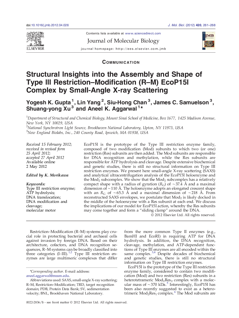 Structural Insights into the Assembly and Shape of Type III Restriction–Modification (R–M) EcoP15I Complex by Small-Angle X-ray Scattering