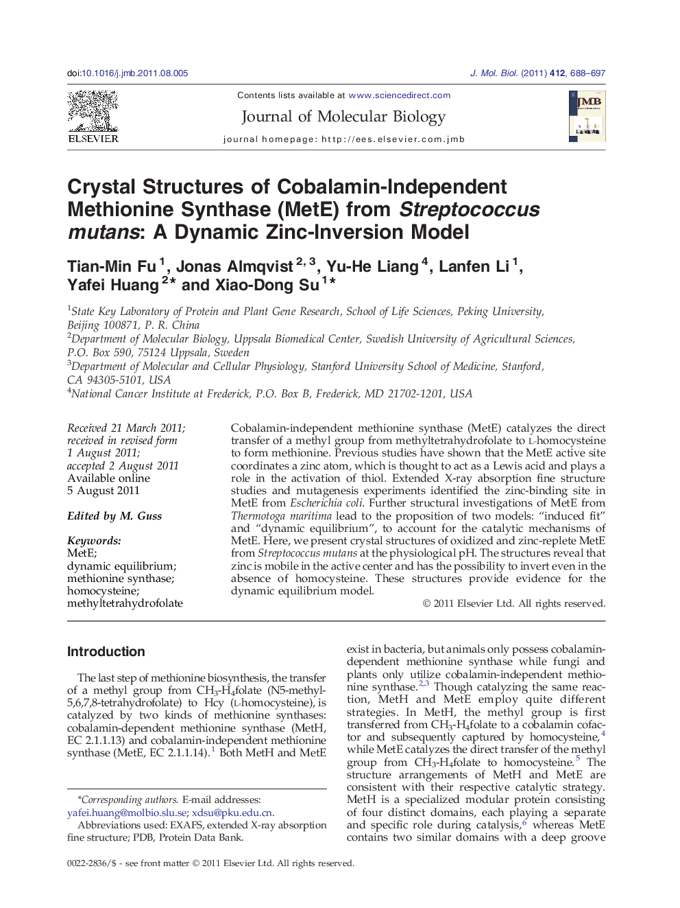 Crystal Structures of Cobalamin-Independent Methionine Synthase (MetE) from Streptococcus mutans: A Dynamic Zinc-Inversion Model