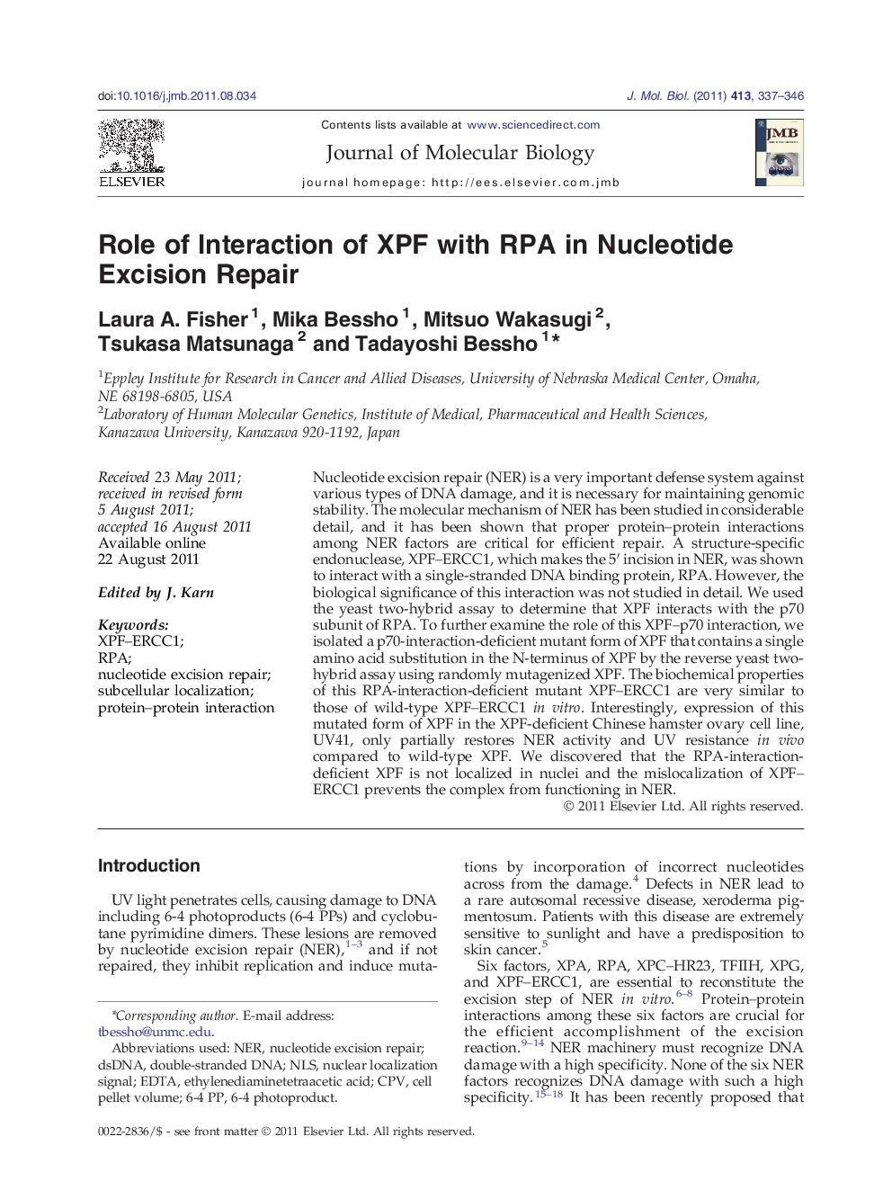 Role of Interaction of XPF with RPA in Nucleotide Excision Repair